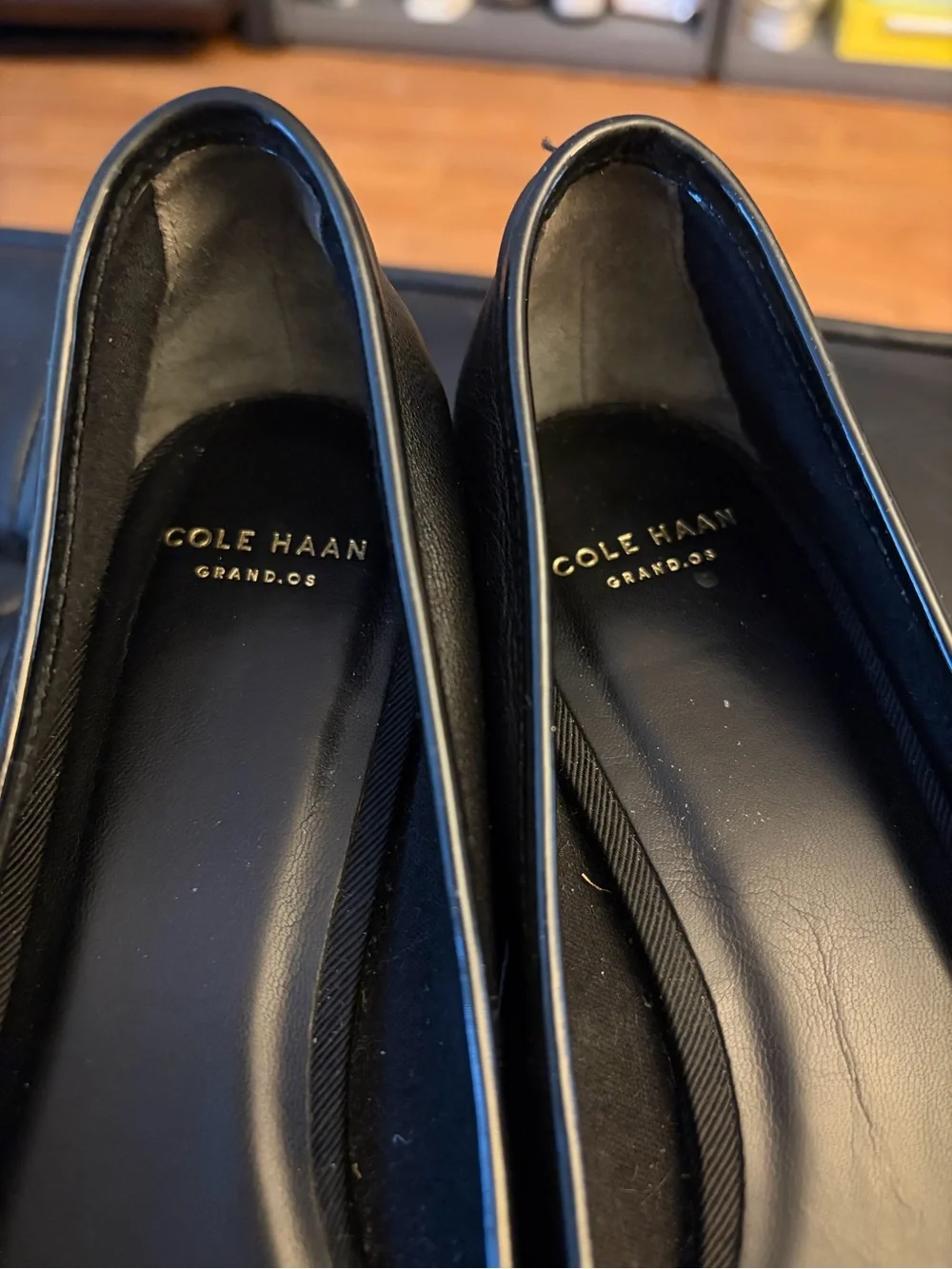Cole Haan Black Leather Ballet Flats with Patent Toe and Bow